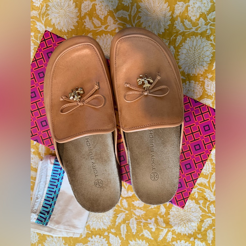 Tory Burch Camel Leather Mules with Gold Detail